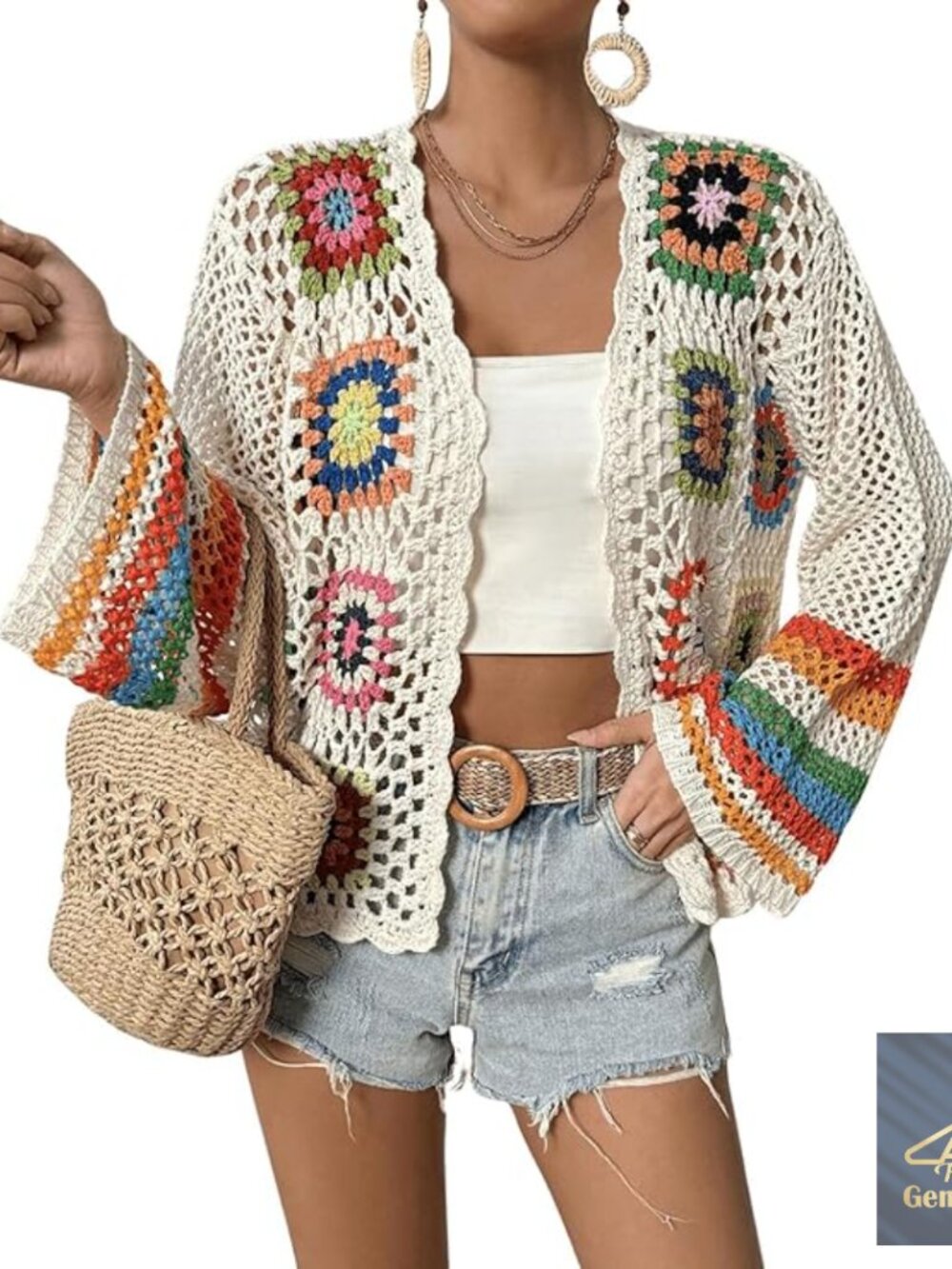 Cropped Floral Crochet Cardigan, Lightweight Open Front Summer Sweater